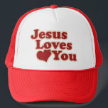 Jesus Loves you for Christians Trucker Hat<br><div class="desc">GOD and the Bible say Jesus Loves you for Christians love the Lord show Christs love all year 'round,  not just during the Christmas season when our Lord and Saviour was born. Jesus loves everyone. A very loving and inspirational thing to show to the world.</div>