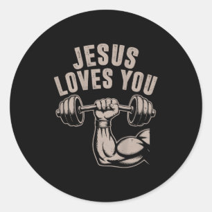 Jesus Loves You Funny Christian Workout Gym Barbel Classic Round Sticker