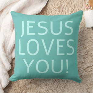 Jesus loves you Green aqua & light teal Cushion