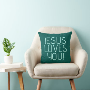 Jesus loves you Green & light teal Cushion