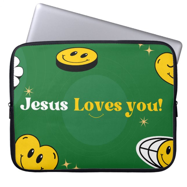 "Jesus Loves You" Green Smiley For Christians Laptop Sleeve (Front)
