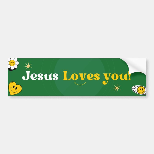 Jesus Loves You Green Yellow Smiley Cute  Bumper Sticker (Front)
