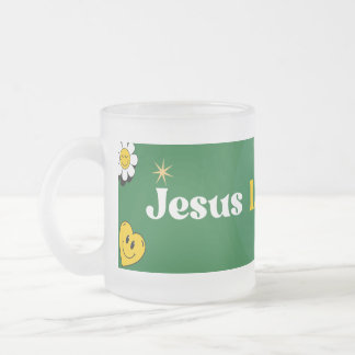 Jesus Loves You Green Yellow Smiley Cute Frosted Glass Coffee Mug
