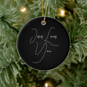Jesus loves you   modern minimalistic script ceramic tree decoration