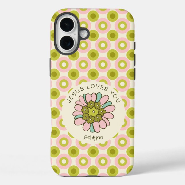 Jesus Loves You Pink Green Retro Circles Pattern Case-Mate iPhone Case (Back)