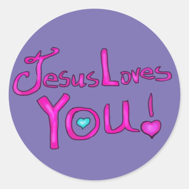 Jesus Loves You Pink Purple with Heart  Classic Round Sticker (Front)
