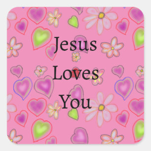 Jesus Loves You Purple Green Hearts Square Sticker
