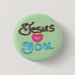 ‘Jesus Loves You’ Quote Pink Heart Green  3 Cm Round Badge