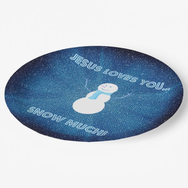 Jesus Loves You Snow Much! Christian Snowman Blue Paper Plate (Angled)