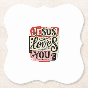 Jesus Loves You Vintage Engraving Christian Typogr Paper Coaster