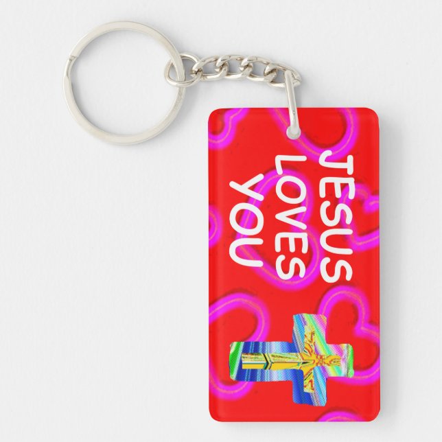 Jesus Loves You With Christian Cross Key Ring (Front)