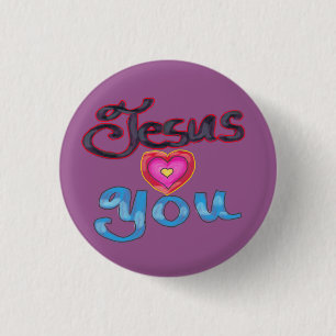  ‘Jesus Loves You’ with Pink Heart on Purple 3 Cm Round Badge