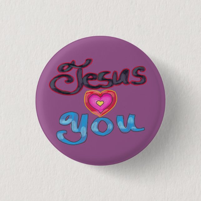  ‘Jesus Loves You’ with Pink Heart on Purple 3 Cm Round Badge (Front)