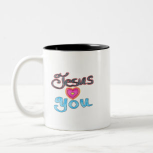 Jesus Loves You with Pink Heart  Two-Tone Coffee Mug