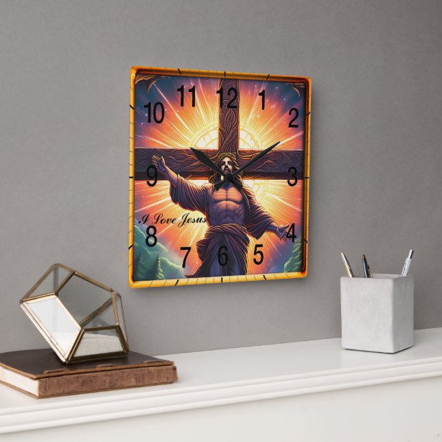 Jesus nailed to the wooden cross  square wall clock (Office)