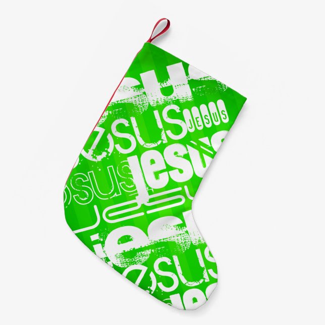 Jesus; Neon Green Stripes Small Christmas Stocking (Front (Hanging))
