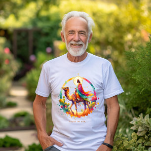 Jesus on a camel in a vibrant desert landscape T-Shirt