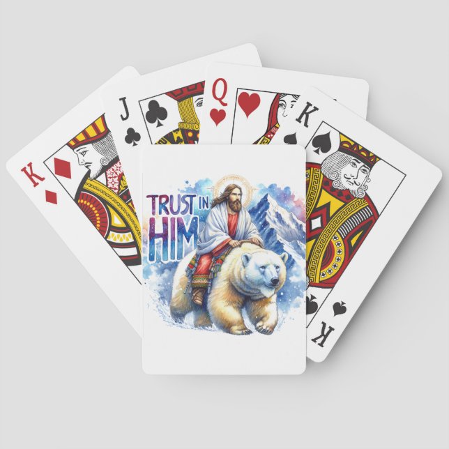 Jesus on a polar bear in mountains playing cards (Back)