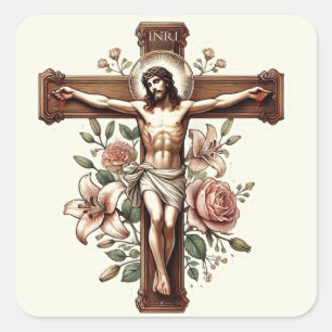 Jesus on Crucifix with Roses Religious Square Sticker