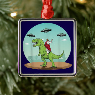 Jesus on Dinosaur UFO Christmas Ornament