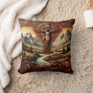 Jesus on the Cross in Serene Mountain Landscape Cushion