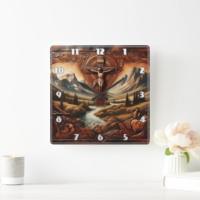 Jesus on the Cross in Serene Mountain Landscape Square Wall Clock (Home)