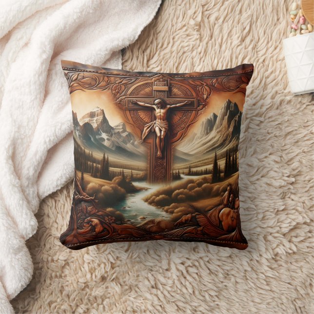 Jesus on the Cross Surrounded by Nature at Sunset Cushion (Blanket)