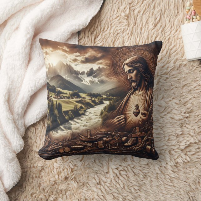 Jesus Overlooking a Serene Mountain Landscape Cushion (Blanket)