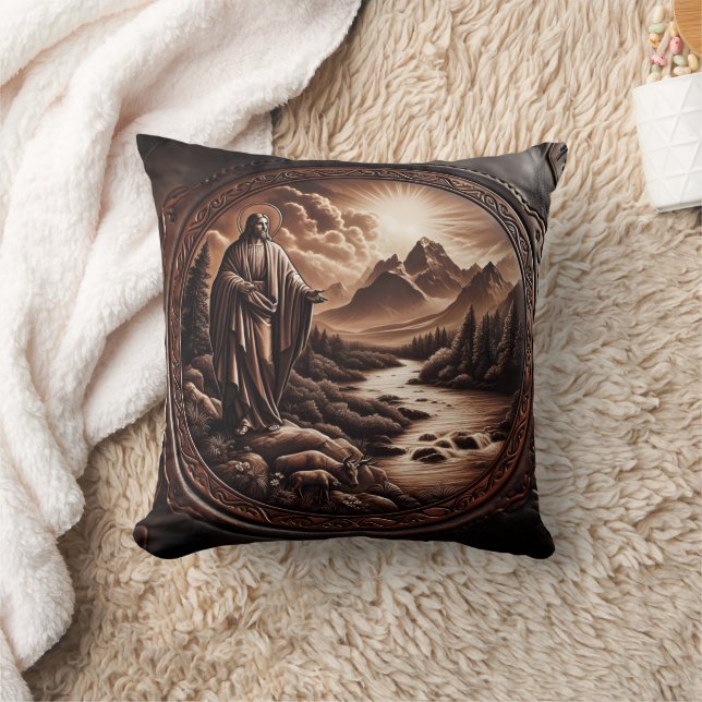 Jesus Overlooking a Serene Mountain Stream Cushion (Blanket)