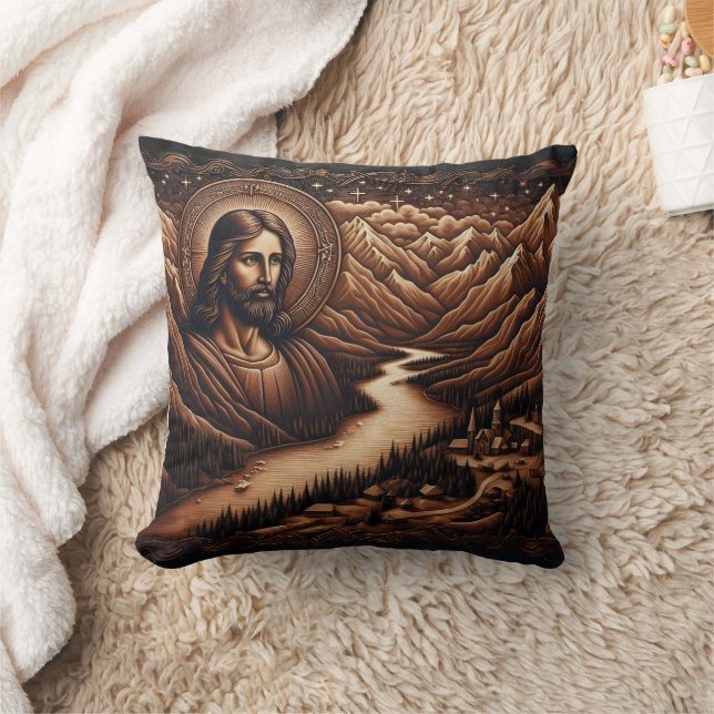 Jesus Overlooking Serene Mountain Valley Landscape Cushion (Blanket)