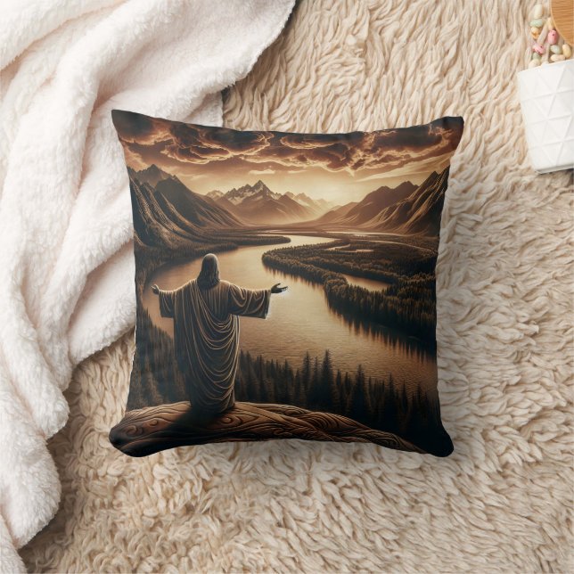 Jesus Overlooking the Serene River Valley at Dusk Cushion (Blanket)