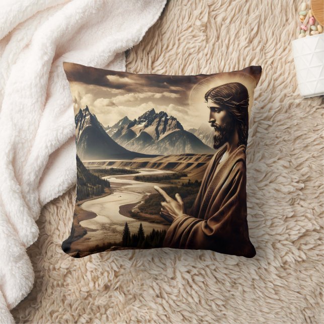 Jesus Pointing Towards Majestic Mountain Landscape Cushion (Blanket)