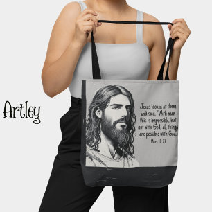 Jesus Portrait Sketch Bible Quote Black and White Tote Bag