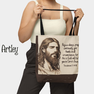 Jesus Portrait Sketch Bible Quote Sepia and Cream Tote Bag