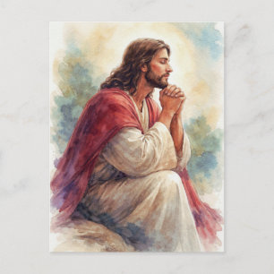 Jesus Praying Watercolor Art Christian Faith Postcard