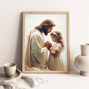 Jesus Praying with Girl, Christian Painting, Jesus Poster