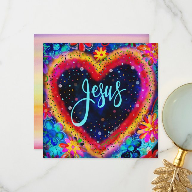 Jesus Pretty Floral Colourful Heart Inspirational Thank You Card (Front/Back In Situ)