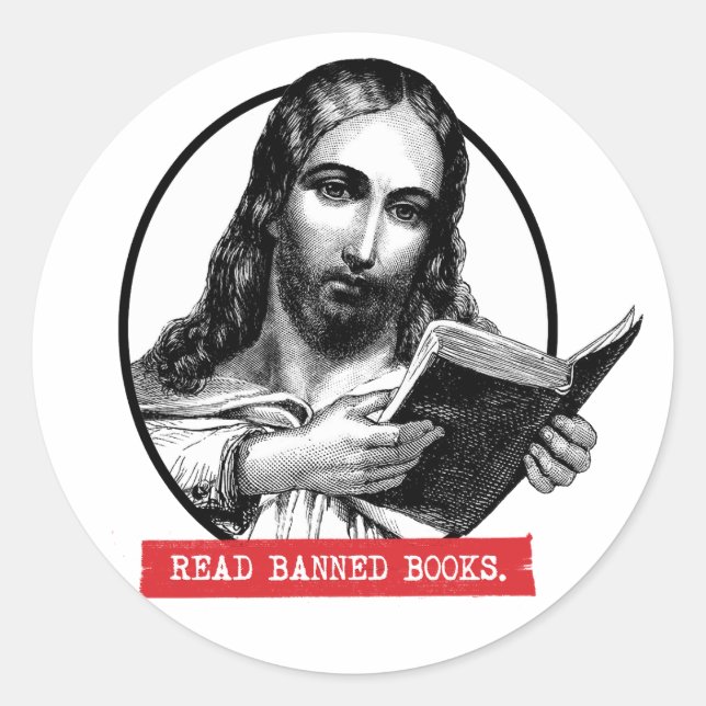 Jesus Reads Banned Books Classic Round Sticker (Front)
