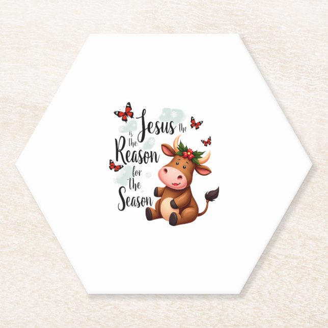 Jesus Reason for The Season Cow Christmas Christia Paper Coaster (Front)