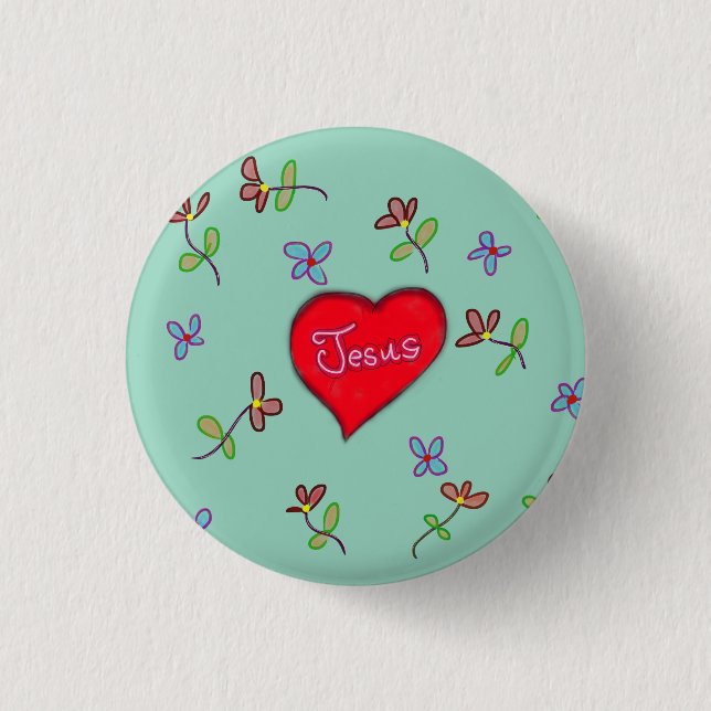 Jesus Red Heart Floral Green Christian 3 Cm Round Badge (Front)