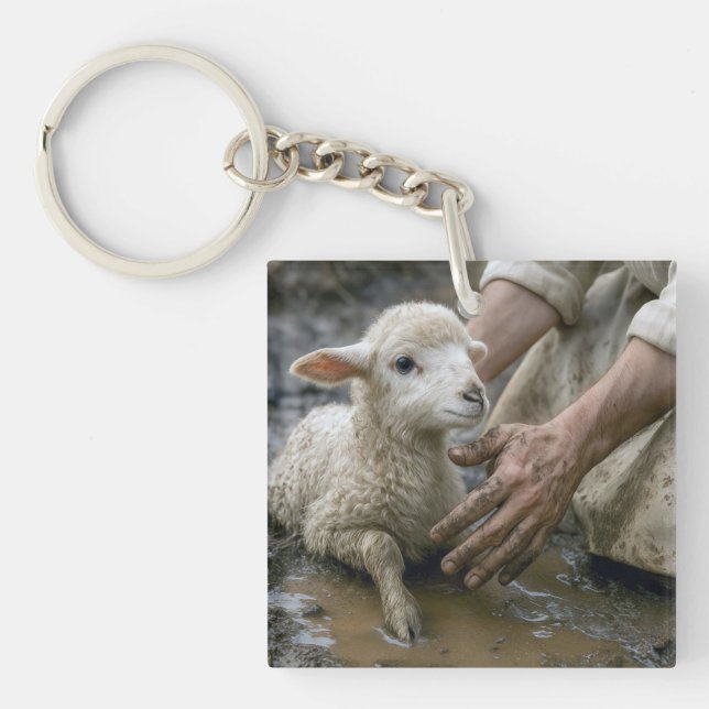 Jesus Rescuing a Lamb from a Mud Puddle Key Ring (Front)