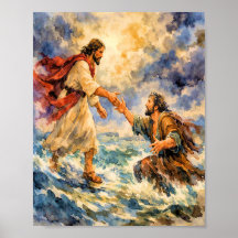 Jesus Rescuing Peter Christian Art Poster