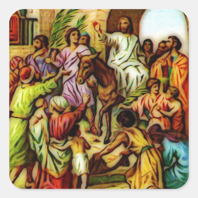 Jesus Rides the Donkey into Jerusalem Square Sticker (Front)