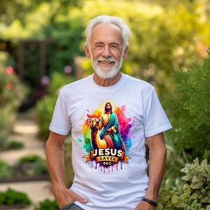 Jesus riding a colourful camel in vibrant art styl T-Shirt