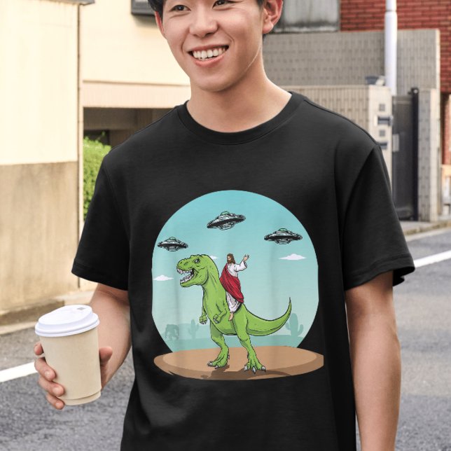 Jesus Riding A Dinosaur Funny Bigfoot UFO Alien T-Shirt (Creator Uploaded)