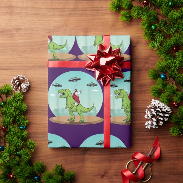 Jesus Riding A Dinosaur Funny Bigfoot UFO Alien Wrapping Paper (Holiday Gift)