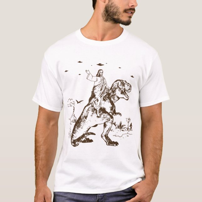 Jesus Riding A Dinosaur Funny UFO Alien Abduction  T-Shirt (Front)