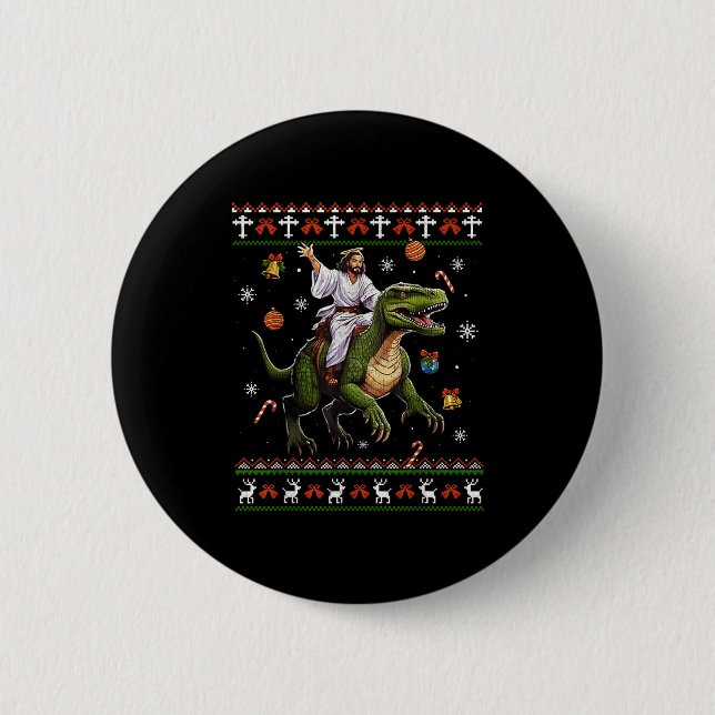 Jesus Riding Dinosaur Funny Meme Ugly Christmas Sw 6 Cm Round Badge (Front)