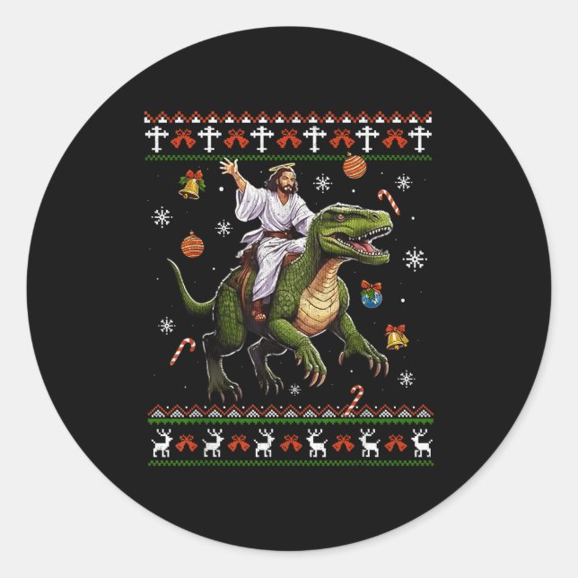Jesus Riding Dinosaur Funny Meme Ugly Christmas Sw Classic Round Sticker (Front)