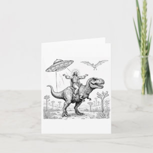 Jesus Riding Dinosaur T-rex Ufo Hunting Alien Sci- Card